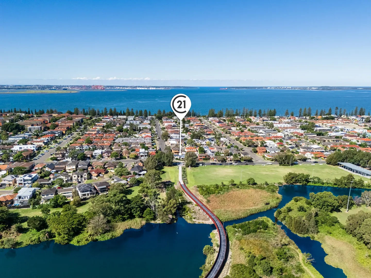 Supplied aerial photograph showing the Monterey neighbourhood and a property location marker